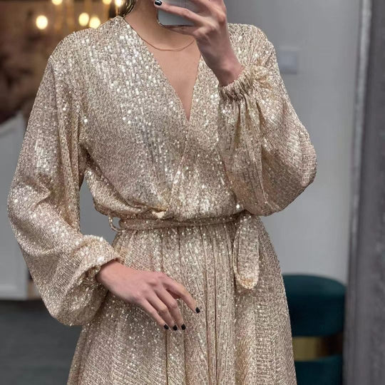 Damen funkelndes Cocktailkleid mit V-Ausschnitt und Taillengürtel R&B