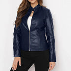 Damen Kunstlederjacke mit Stehkragen und asymmetrischem Reißverschluss