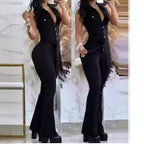 Damen Eleganter einfarbiger Overall mit tailliertem Schnitt und breiten Beinen R&B