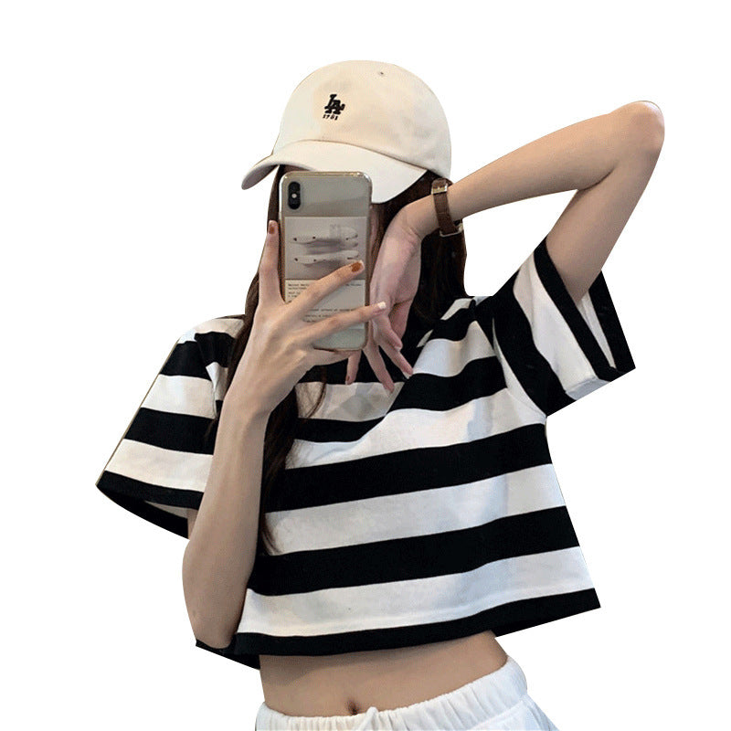 Damen Cropped T-Shirt mit Streifenmuster und lässigem Schnitt R&B
