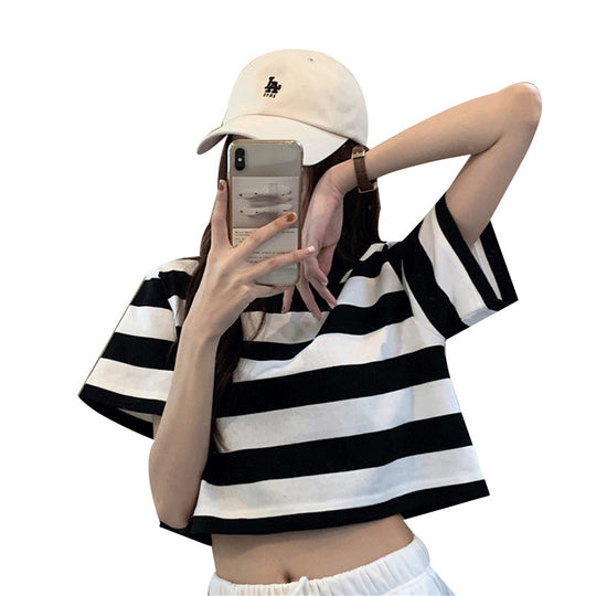 Damen Cropped T-Shirt mit Streifenmuster und lässigem Schnitt R&B
