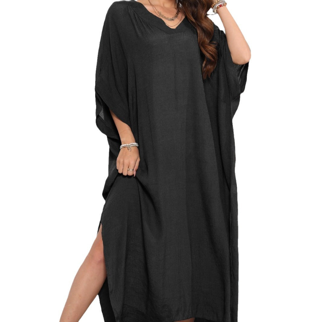 Damen luftiges Sommer-Kleid mit V-Ausschnitt und asymmetrischem Saum R&B