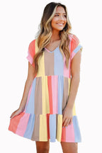 Damen lässiges Kurzarm Kleid mit buntem Streifenmuster R&B