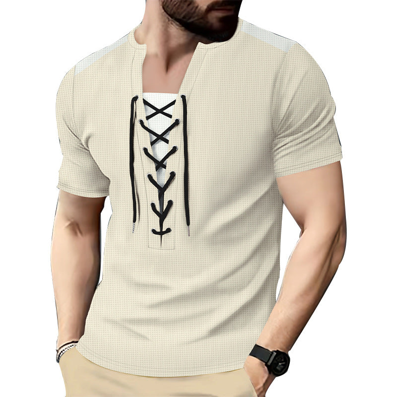 Herren Kurzarm-Henley-T-Shirt mit dekorativen Schnürdetails und atmungsaktiver Struktur R&B