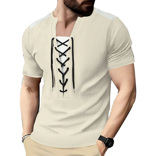 Herren Kurzarm-Henley-T-Shirt mit dekorativen Schnürdetails und atmungsaktiver Struktur R&B
