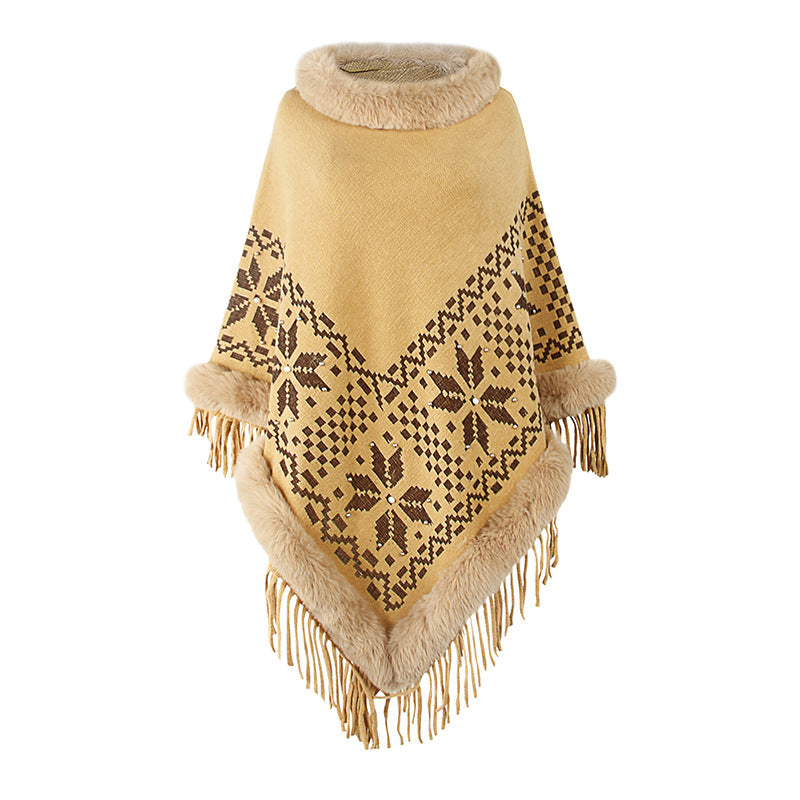 Damen eleganter Poncho mit dekorativem Fransen-Design und Kunstfellbesatz R&B