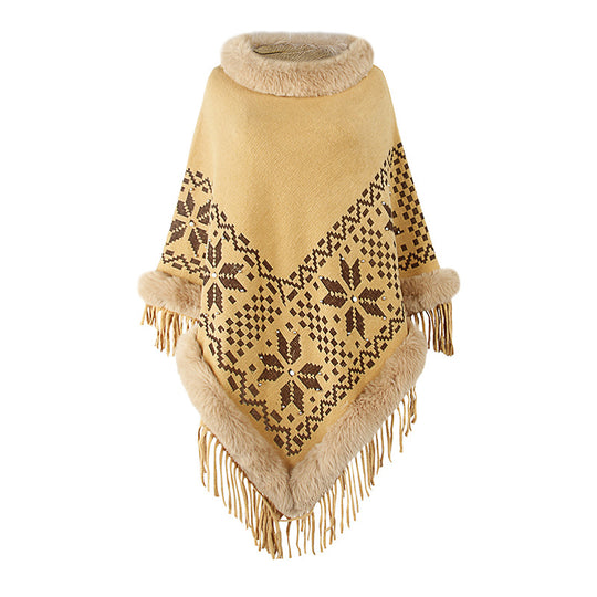 Damen eleganter Poncho mit dekorativem Fransen-Design und Kunstfellbesatz R&B