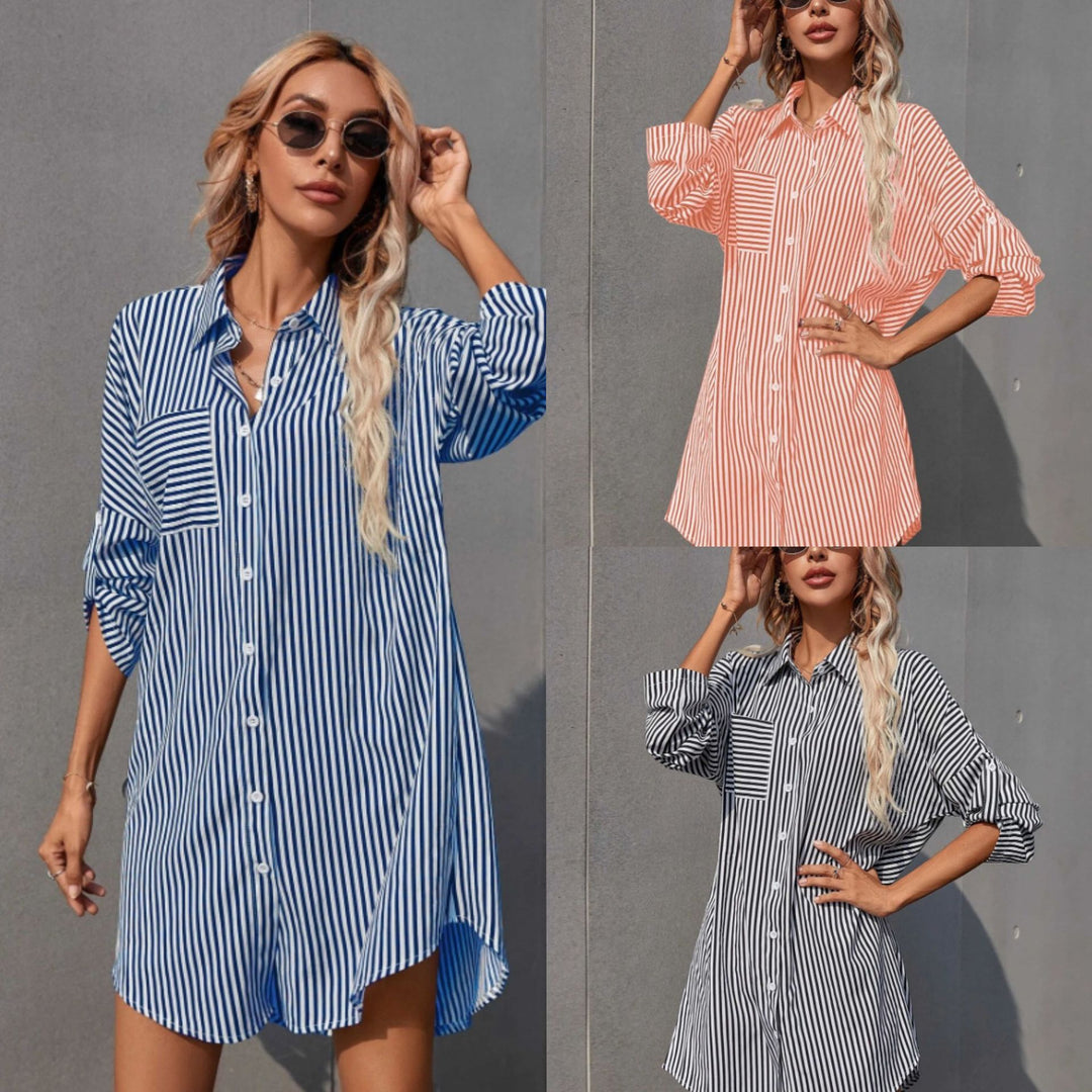 Damen Hemdblusenkleid im lässigen Stil mit Streifenmuster R&B