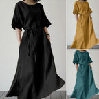 Damen Leinenmaxikleid mit weit geschnittenen Ärmeln und Taillengürtel R&B