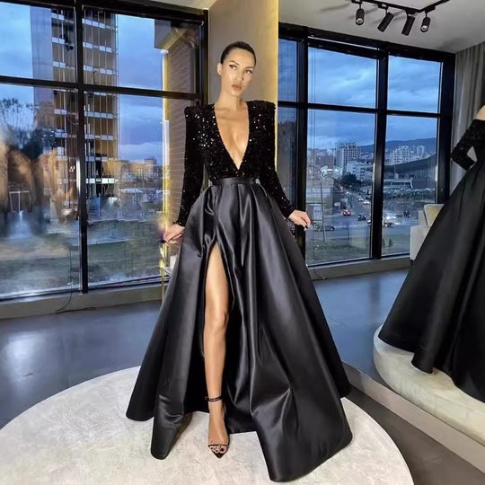 Damen Glamouröses Abendkleid mit tiefem V-Ausschnitt und hochgeschnittenem Rock R&B