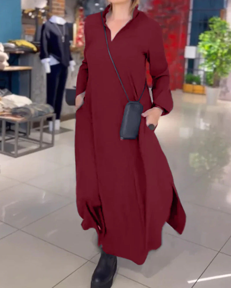 Damen Maxikleid mit praktischen Seitentaschen und modernem Hemdblusenkragen