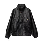 Damen lässige Kunstlederjacke mit hohem Kragen und Weitenregulierung R&B
