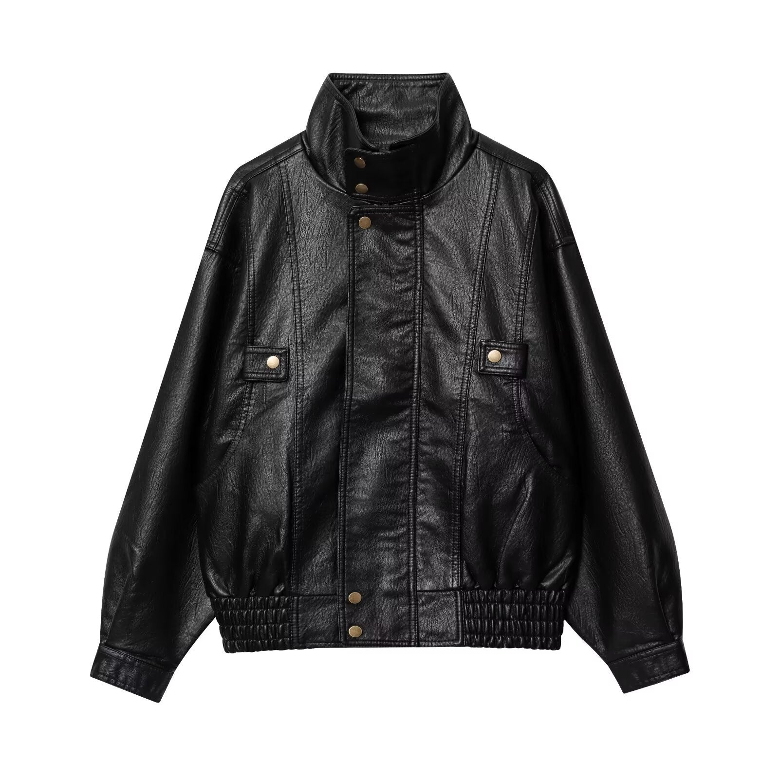 Damen lässige Kunstlederjacke mit hohem Kragen und Weitenregulierung R&B