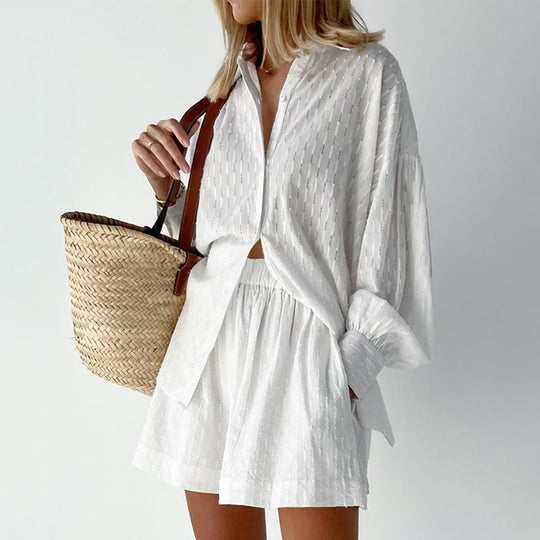 Damen lässiges Hemd-Shorts-Set mit elegantem Webmuster R&B