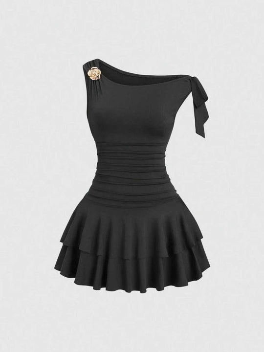 Damen elegantes Wickelkleid mit asymmetrischem Saum und raffiniertem Kordelzug R&B