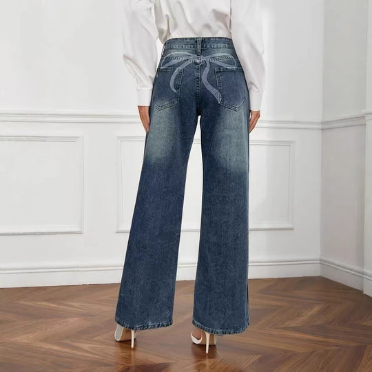 Damen weite High-Waist Jeans mit einzigartiger Textur R&B