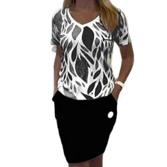 Damen nan lässiger Jersey-Zweiteiler mit bedrucktem V-Ausschnitt-Shirt und knielangem Bleistiftrock mit Eingrifftaschen R&B