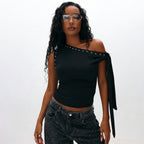 Damen Elegantes One-Shoulder Top mit dekorativen Steinen R&B