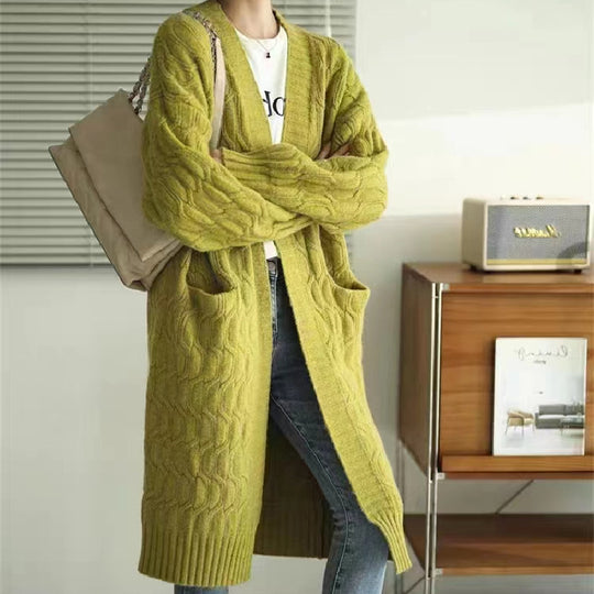 Damen Langer Strickcardigan mit voluminösen Ärmeln und praktischen Taschen R&B