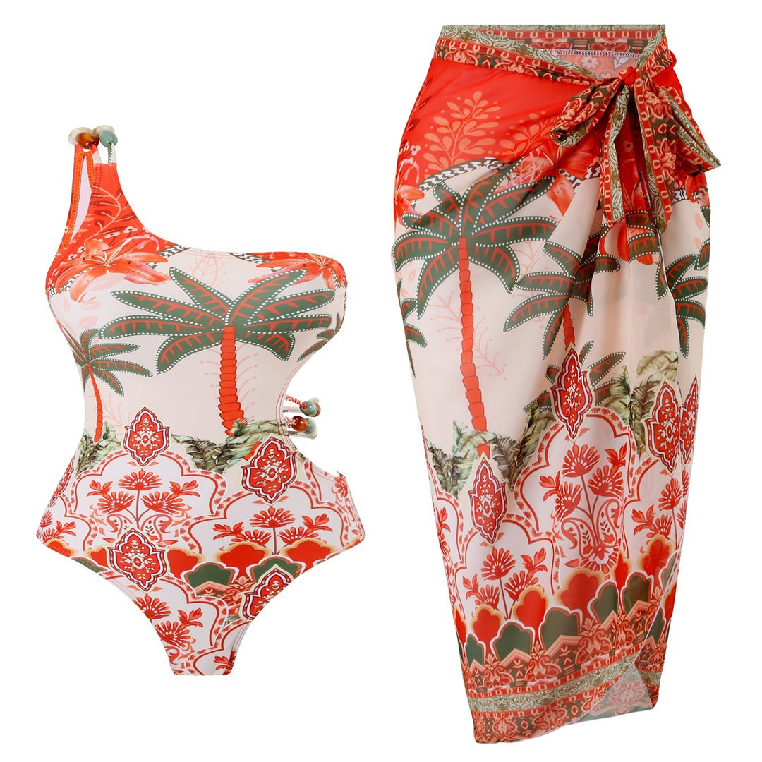 Damen Einteiler Badeanzug mit modischem Cut-Out und passendem Strandrock R&B