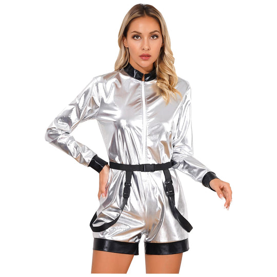 Damen Futuristischer Glanz-Jumpsuit mit Reißverschluss und abnehmbarem Gürtel R&B