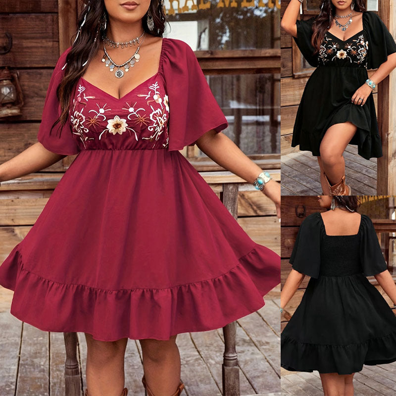 Damen bodenlanges Sommerkleid mit kunstvoller Stickerei und schwingendem Saum R&B