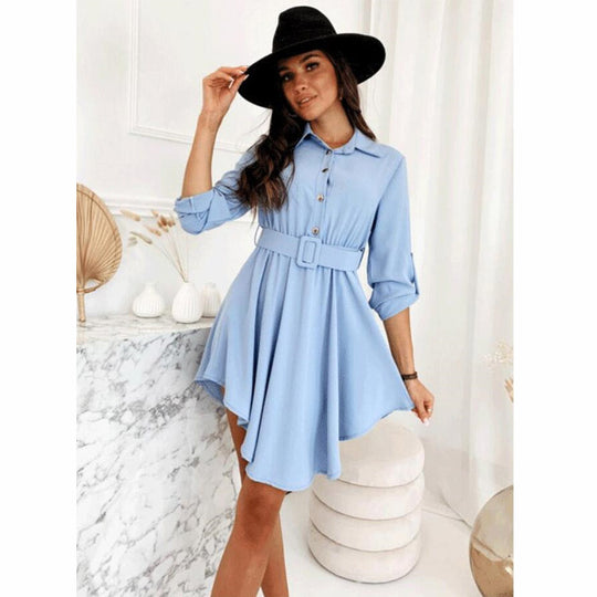 Damen Knielanges Hemdblusenkleid mit Taillengürtel und eleganten Details R&B