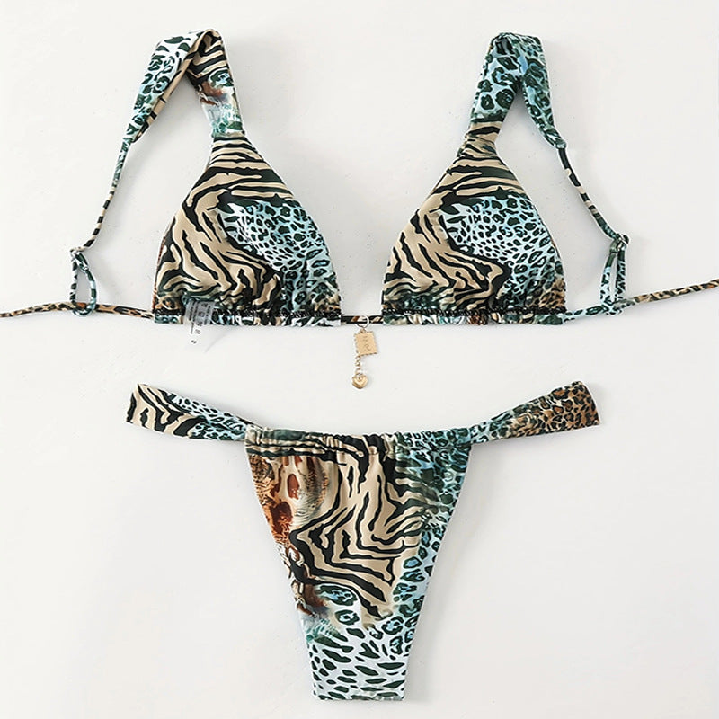 Damen Triangel-Bikini mit verstellbaren Trägern und modischem Leopardenmuster R&B