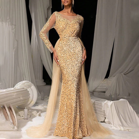 Damen Glamouröses Abendkleid mit schimmerndem Spitzenoberteil und fließendem Tüllumhang R&B