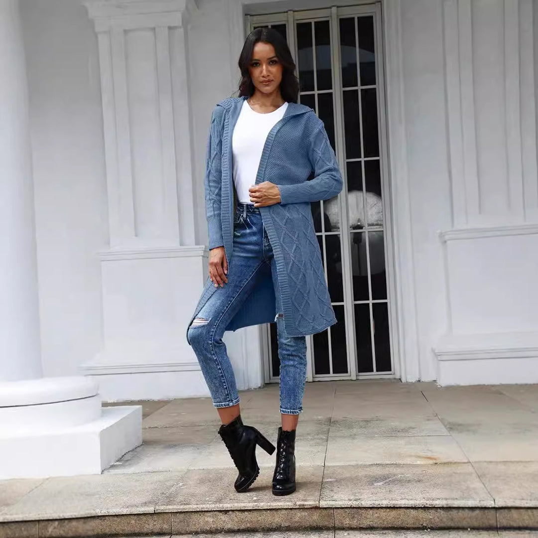 Damen Strickmantel mit Kapuze und dekorativem Zopfdesign R&B