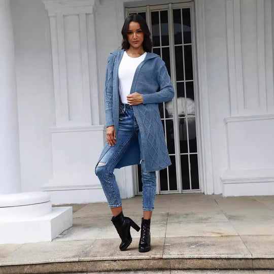 Damen Strickmantel mit Kapuze und dekorativem Zopfdesign R&B