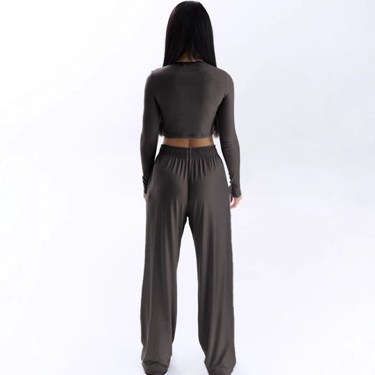 Damen Elegantes Zweiteiliges Set mit cropped Oberteil und weiten Hosen R&B
