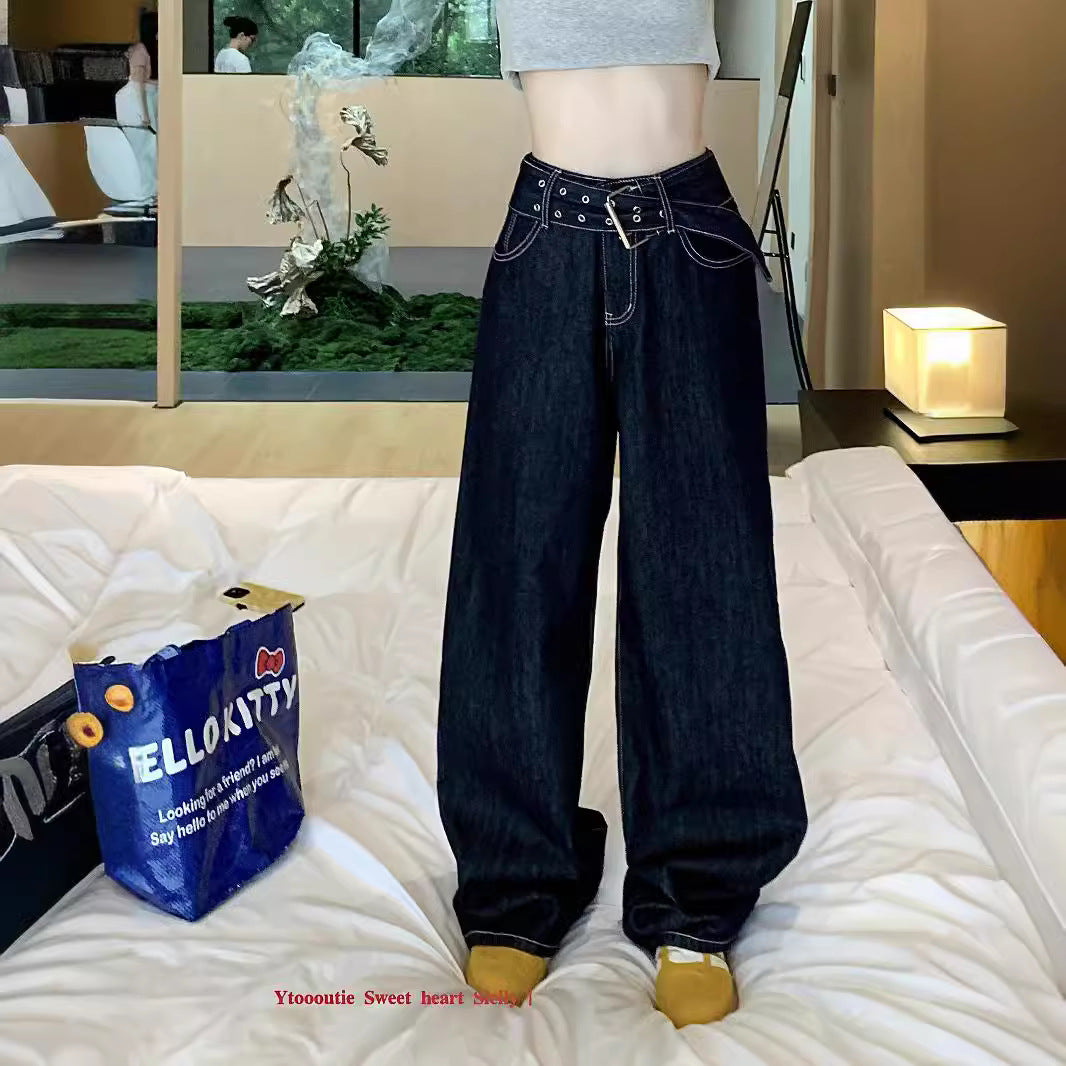 Damen Weite Jeans mit modischem Gürtel und einzigartigem Schnitt R&B