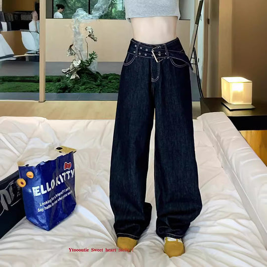 Damen Weite Jeans mit modischem Gürtel und einzigartigem Schnitt R&B