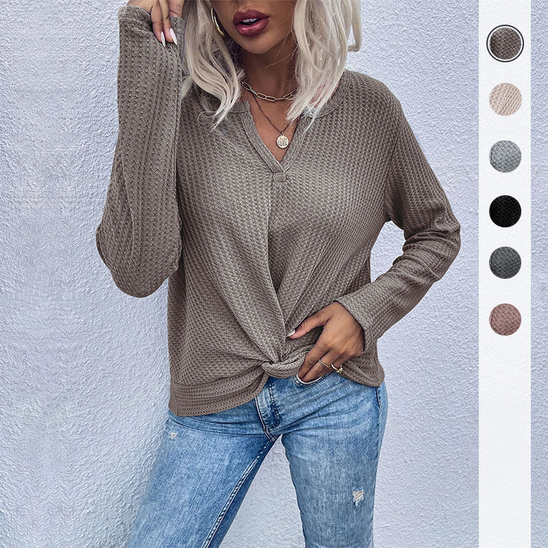 Damen lässiger V-Ausschnitt Pullover mit Knopfdetails und Knotendesign R&B