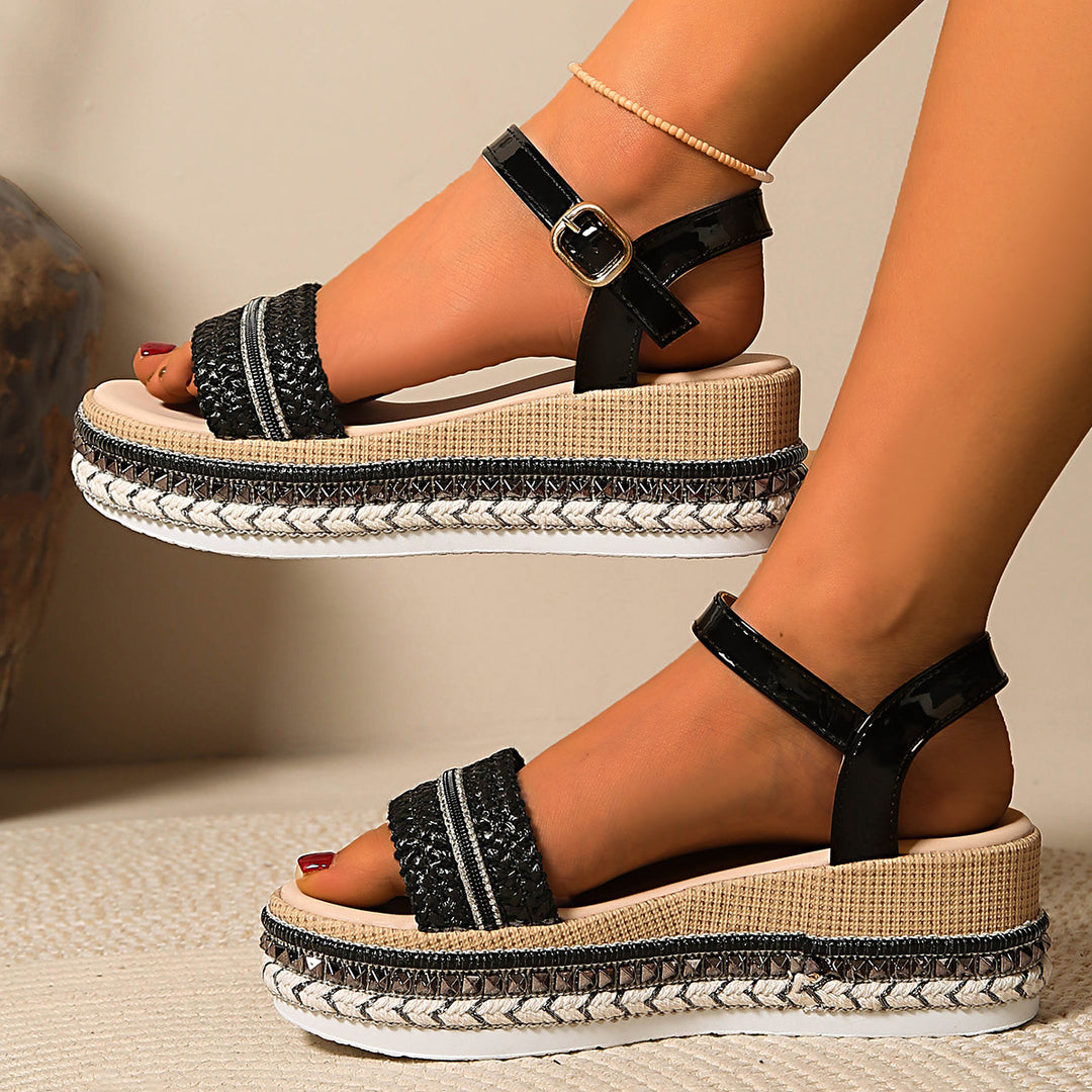 Damen Wedge-Sandaletten mit verstellbarem Riemendesign und dekorativem Akzent R&B