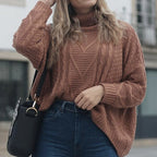 Damen Großer Pullover mit Hohem Kragen und Strickmuster