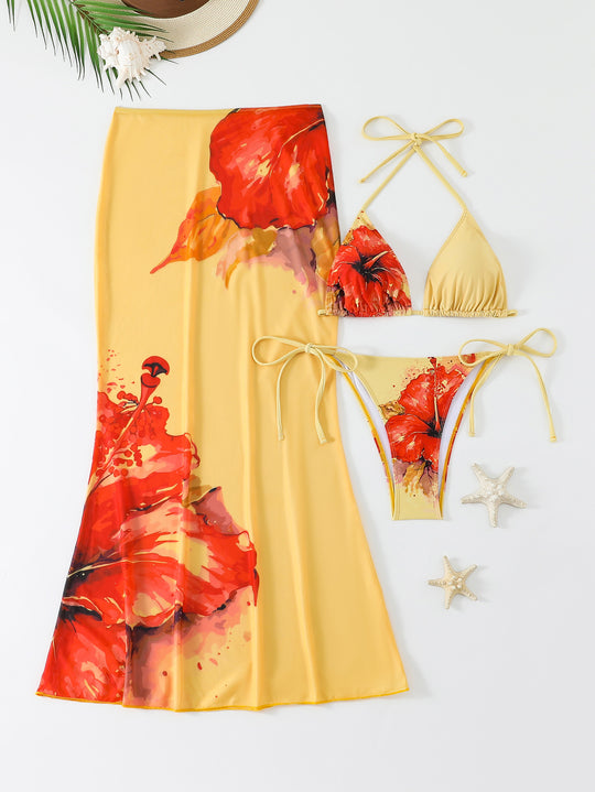 Damen Strandkleid mit blühendem Bikini-Set R&B
