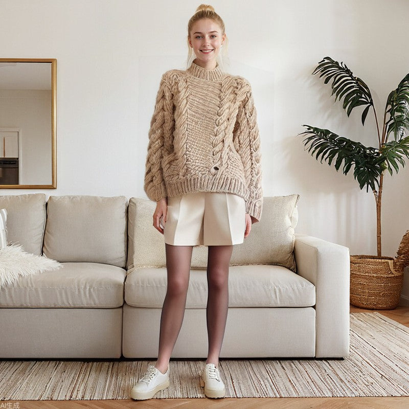 Damen Strickpullover mit voluminösen Ärmeln und strukturiertem Zopfmuster R&B