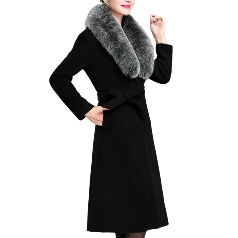 Damen elegante Wollmantel mit abnehmbarem Pelzkragen R&B