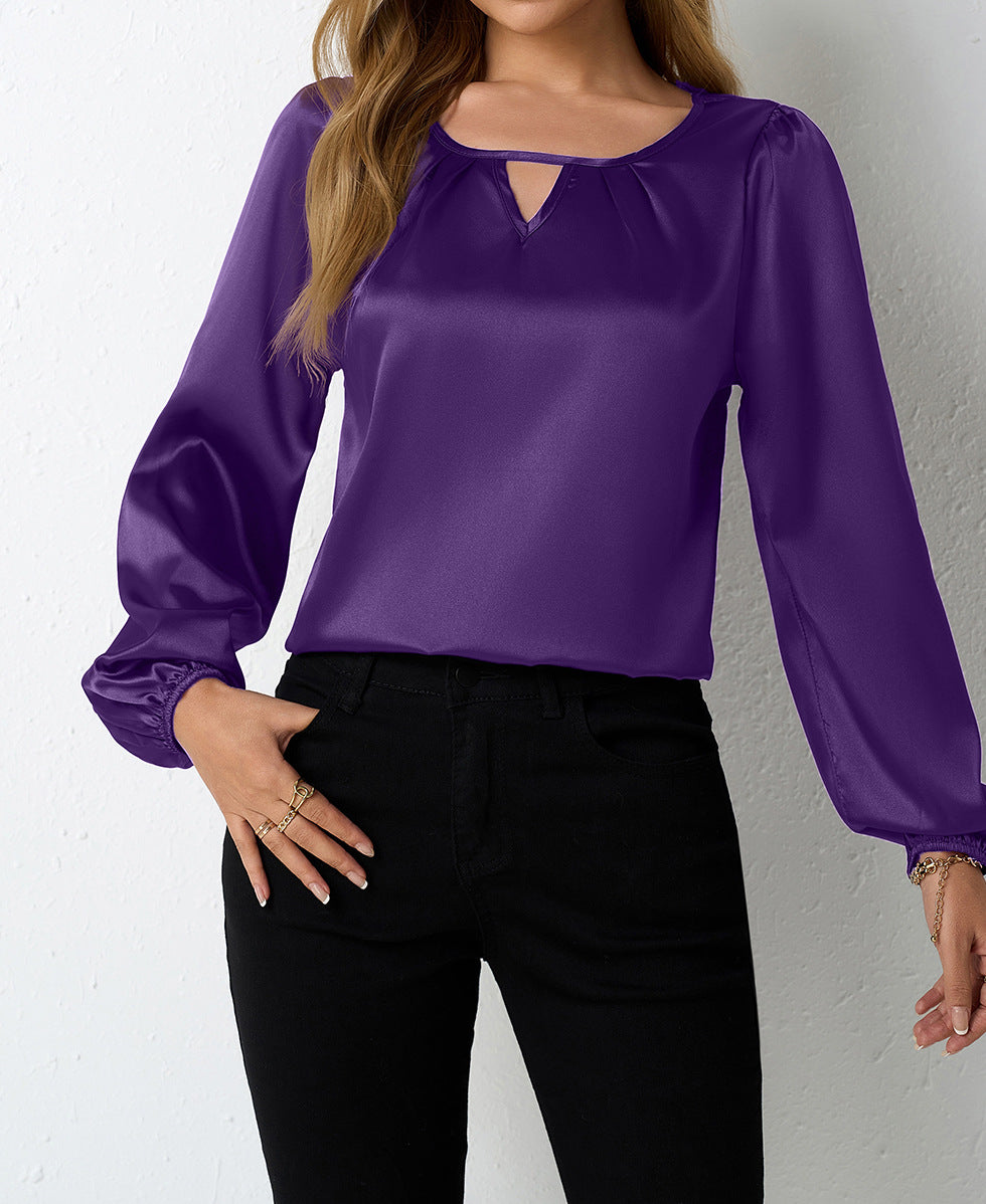 Damen elegante Satinbluse mit verspieltem Schlüsselausschnitt R&B