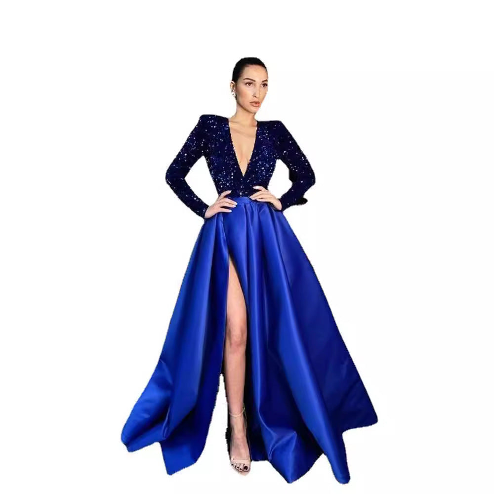 Damen Glamouröses Abendkleid mit tiefem V-Ausschnitt und hochgeschnittenem Rock R&B