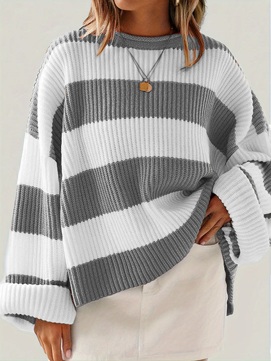 Damen gestreifter Strickpullover mit weitem Schnitt R&B