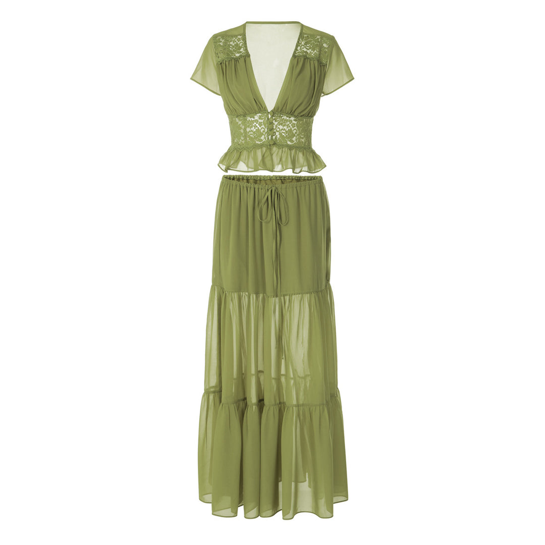 Damen Elegantes Maxikleid mit Spitzenoberteil und fließendem Saum R&B