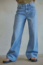 Damen Weit geschnittene Jeans im Vintage-Stil mit hohem Bund und eleganten Nähten R&B