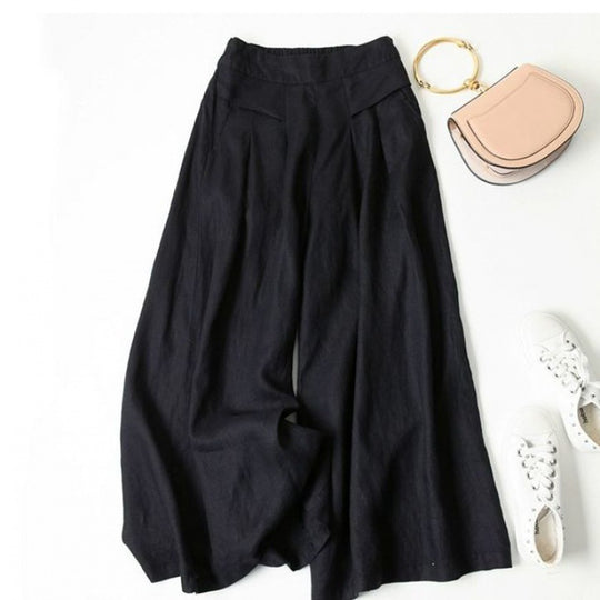 Damen Weit geschnittene Leinenhose mit hohem Bund und eleganten Falten R&B