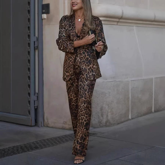 Damen Blazer Damen Ensemble mit Leo-Muster
