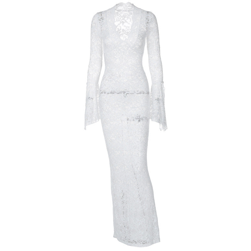 Damen Figurbetontes Spitzenkleid mit tiefem V-Ausschnitt und nostalgischen Puffärmeln R&B