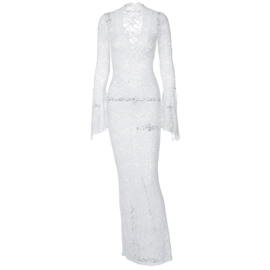 Damen Figurbetontes Spitzenkleid mit tiefem V-Ausschnitt und nostalgischen Puffärmeln R&B
