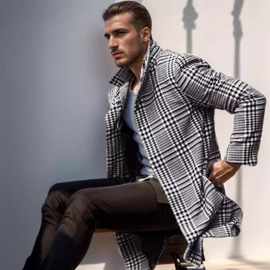 Herren eleganter Karomantel mit großflächigen Taschen und hohem Kragen R&B